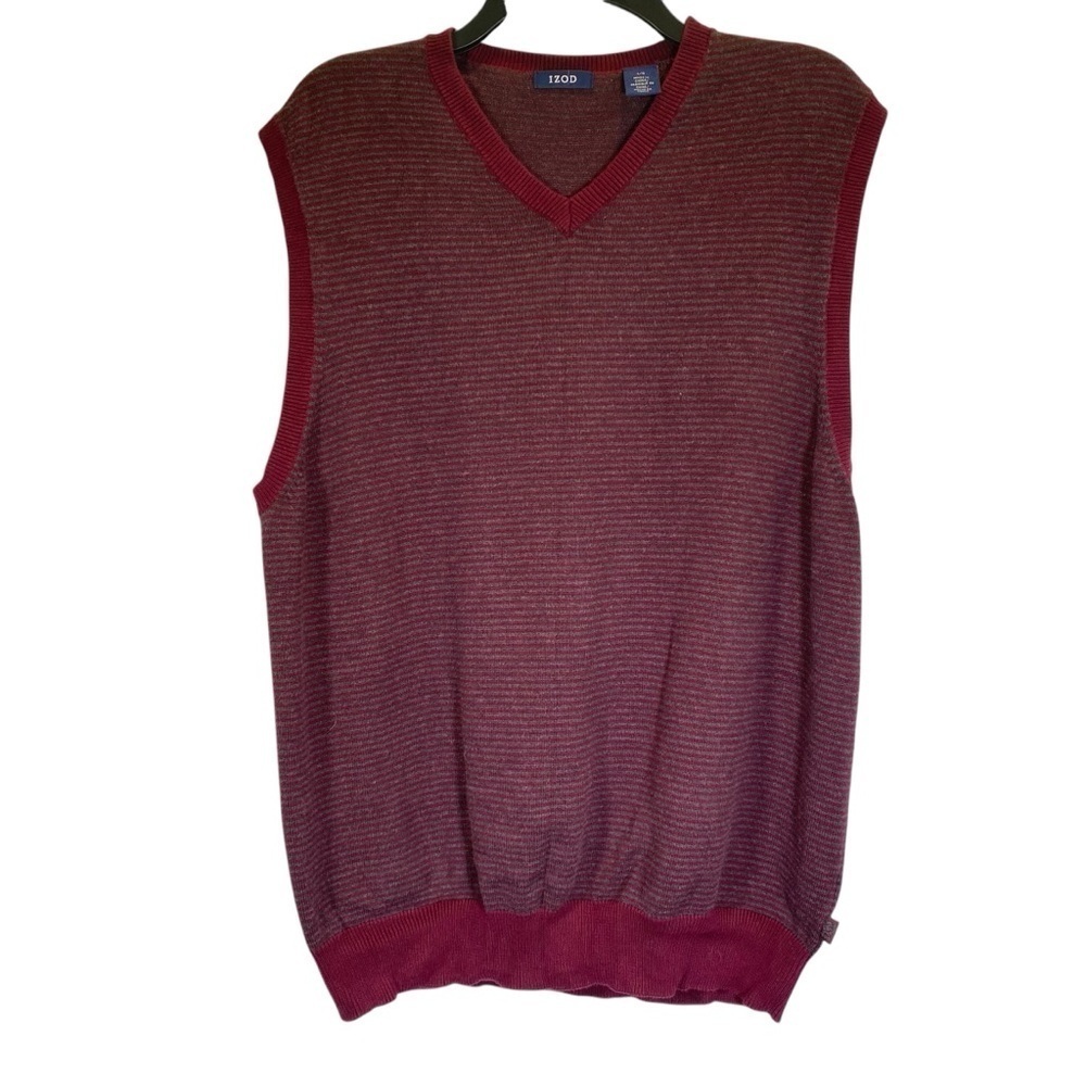 IZOD Classic Men's size Large burgundy gray striped v neck knit sweater vest